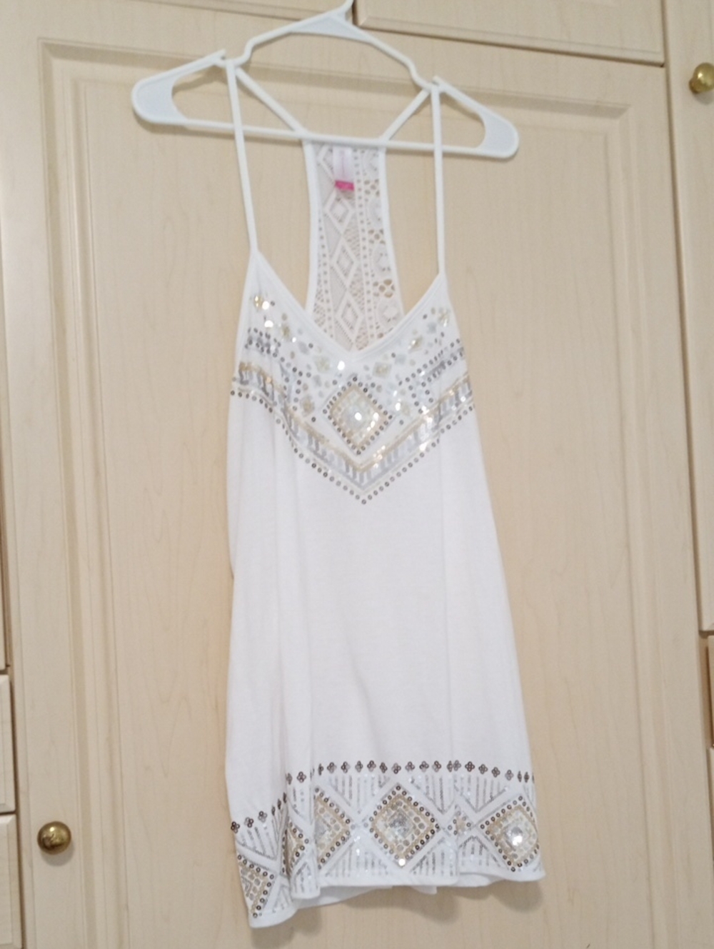 White Embellished Crochet-Back Tank Top
